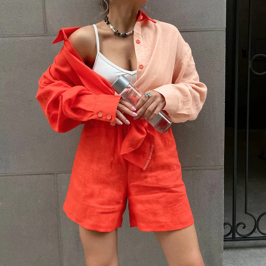 

Two Pieces Sets Summer Outfits for Women 2023 Casual Suit Women's Loose Splicing Contrast Color Long-sleeved Shirt Shorts Traf