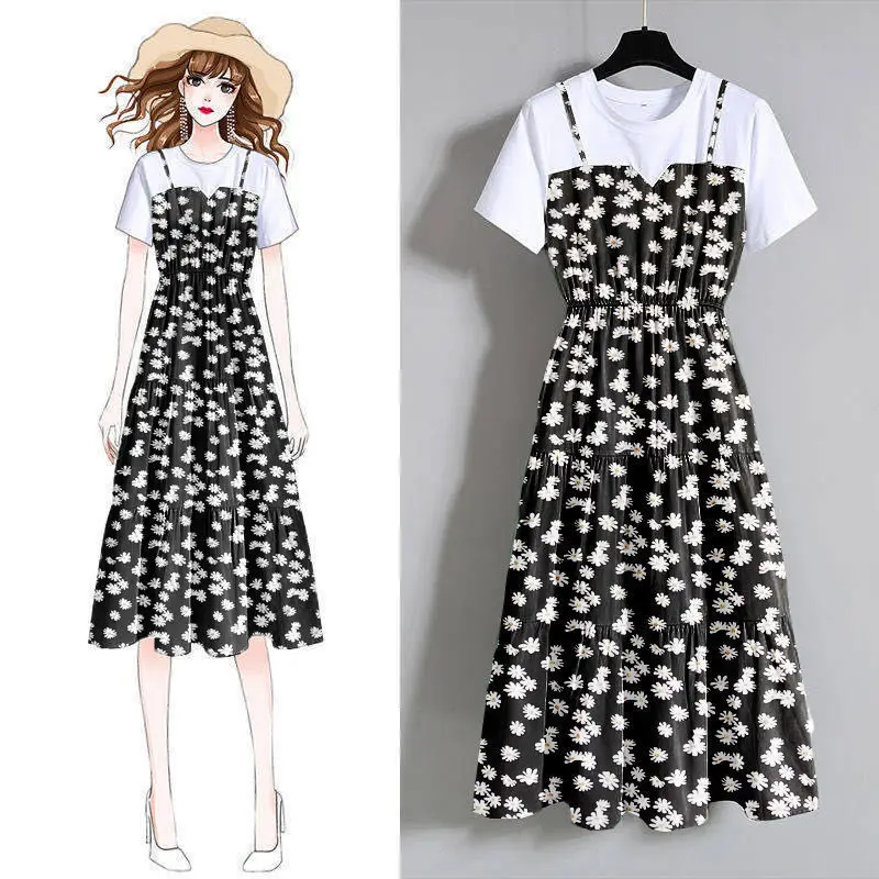 

Women Floral Dress Summer Long Skirt short sleeve ake two piece Clothes
