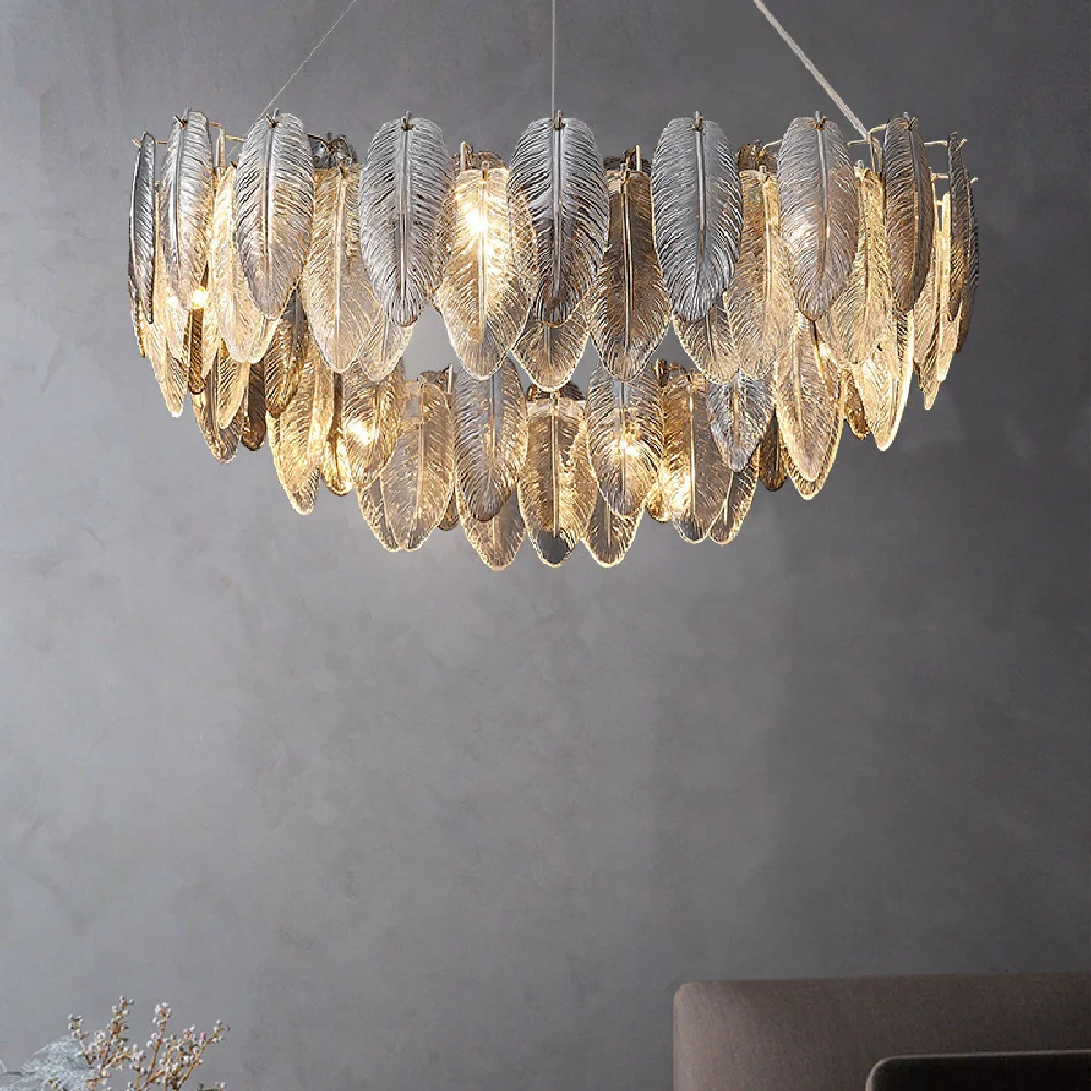 

Luxury Feather Glass G9 Led Chandelier Modern Living Room Gold Metal Chandelier Lighting Foyer Lustre Led Lighting Fixtures