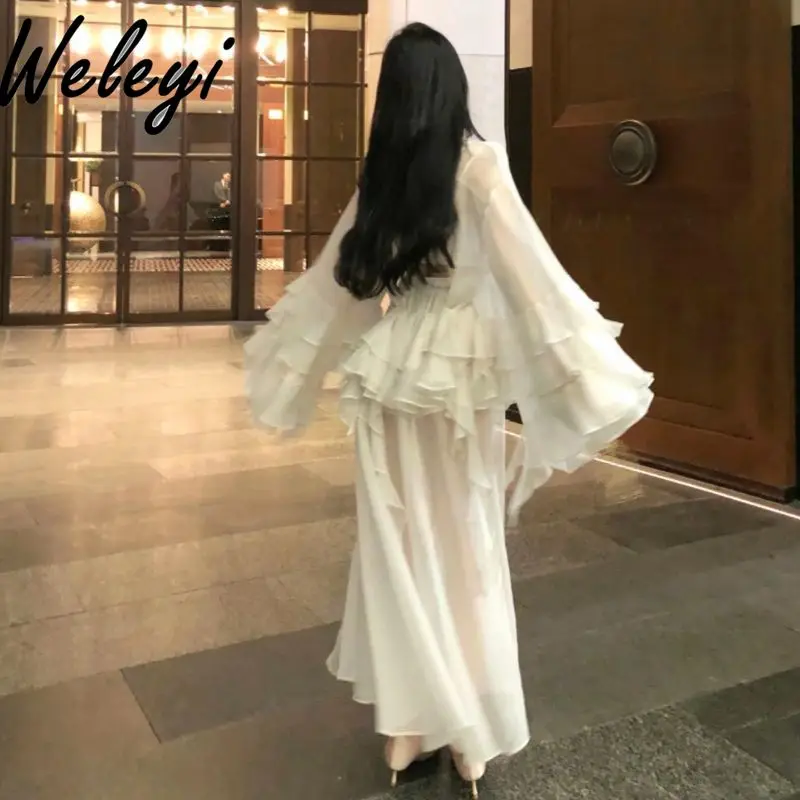 Комплект сказочной юбки Белый шифоновый топ с оборками сзади и женская длинная