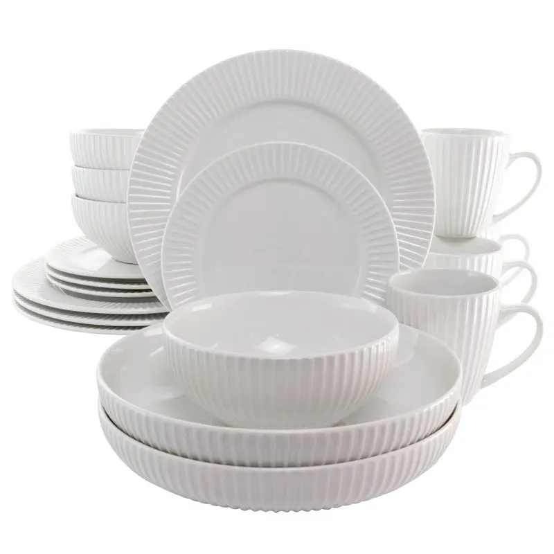 

18 Piece Porcelain Dinnerware Set with 2 Large Serving Bowls in White