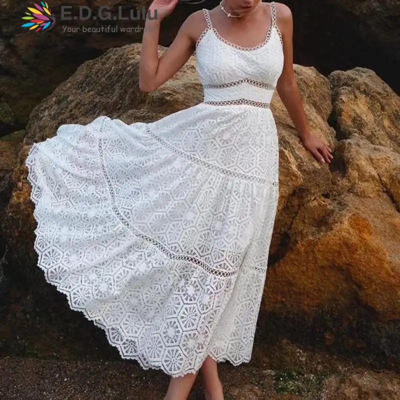 

EDGLuLu Hollow Embroidery Pink White Dress Sexy Women Long Lace Dress V-neck Sleeveless Backless Elegant Party Maxi Dress 0704