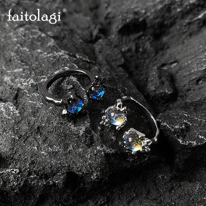 

Punk Opal Stone Rings For Women Men Gothic Blue Moonstone Open Ring Vintage Irregular Aesthetic Geometric Stone Couple Rings