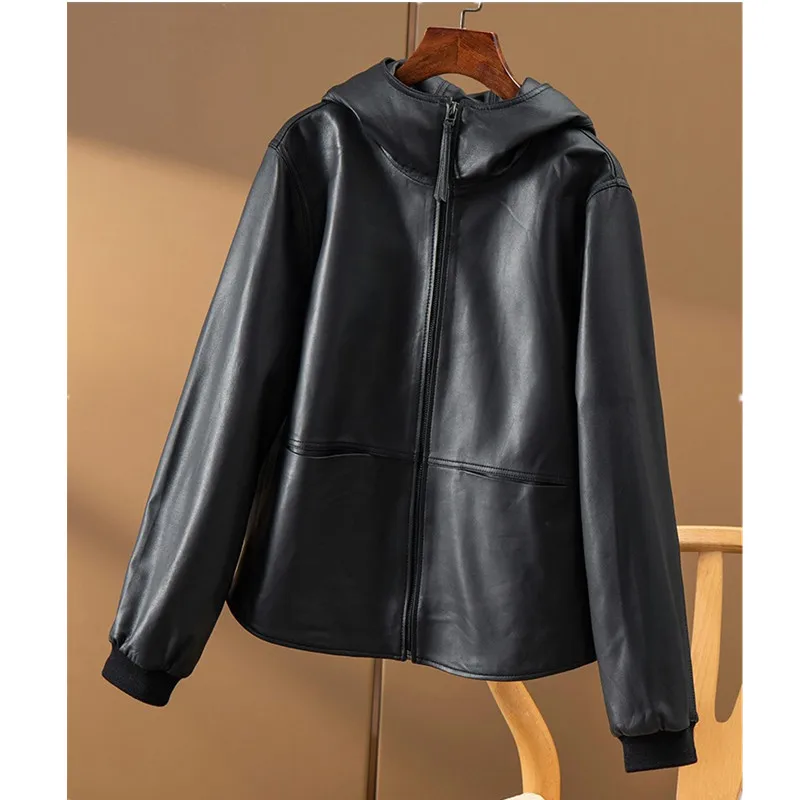 Leather Coat Women's Spring And Autumn Short Hooded Loose Large Size Sheepskin Jacket Female Solid Fashion Tops enlarge