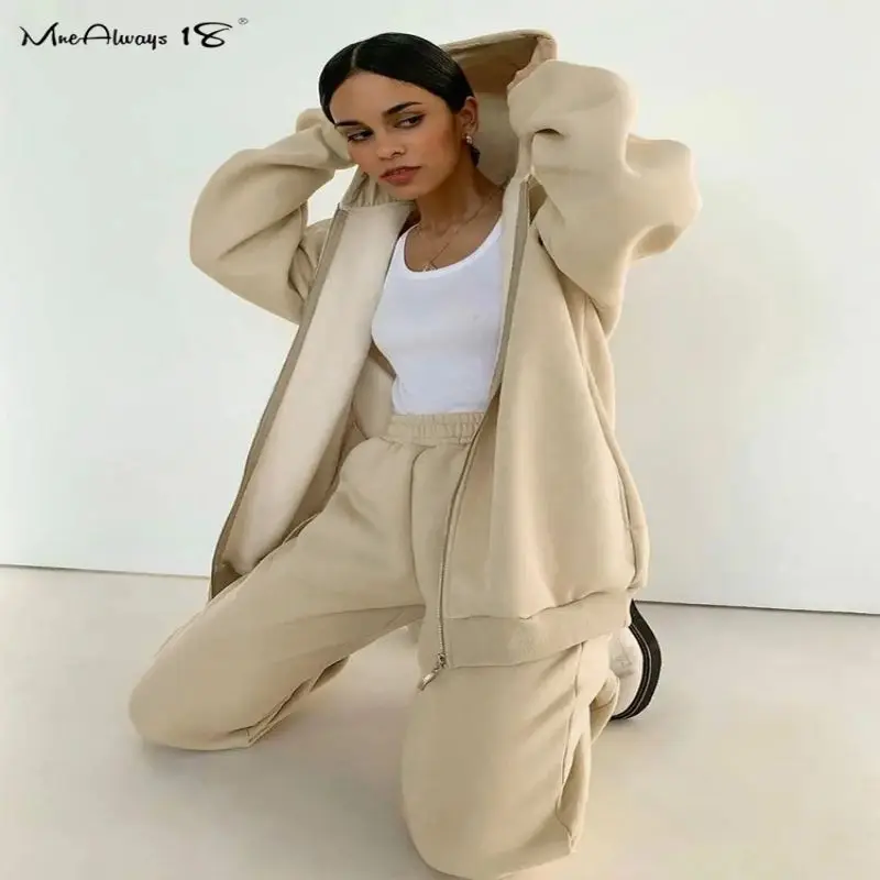 

Winter Wool Liner Hoodie And Sweatpants Tracksuit Women Two Piece Set Warm Casual Zip Sweatshirt Sets Thick Female