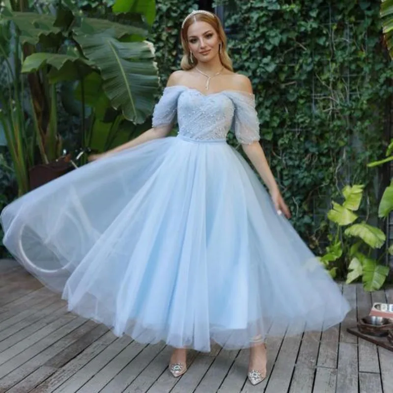 

ANGELSBRIDEP Sky Blue Tea Length Prom Dresses Vintage Pearls Tulle Garden Country Cinderella Evening Party Gowns Custom Made