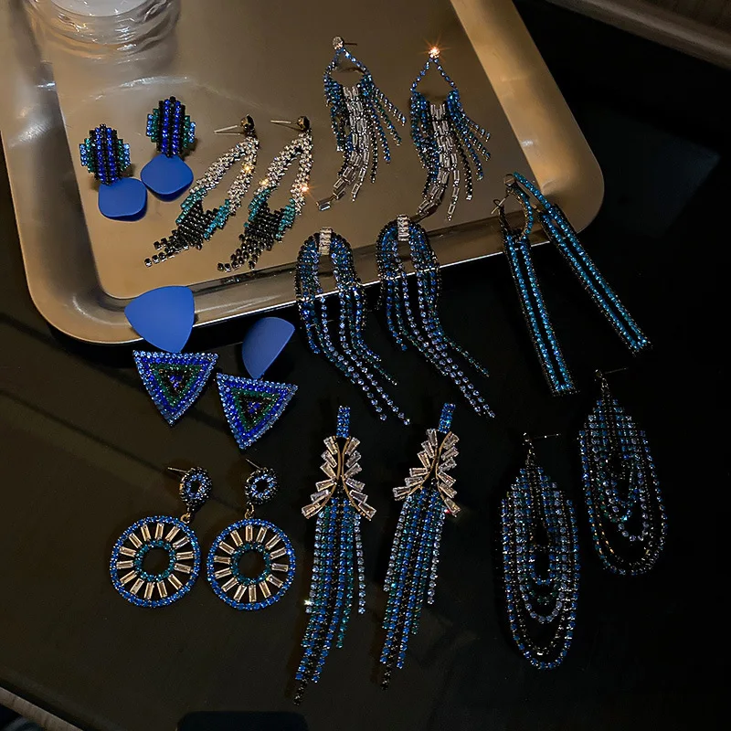 

Silver Needle Post Deep Blue Crystal Tassel Long Earrings For Women Party Statement Jewelry Geometric Crystal Dangle Pendientes