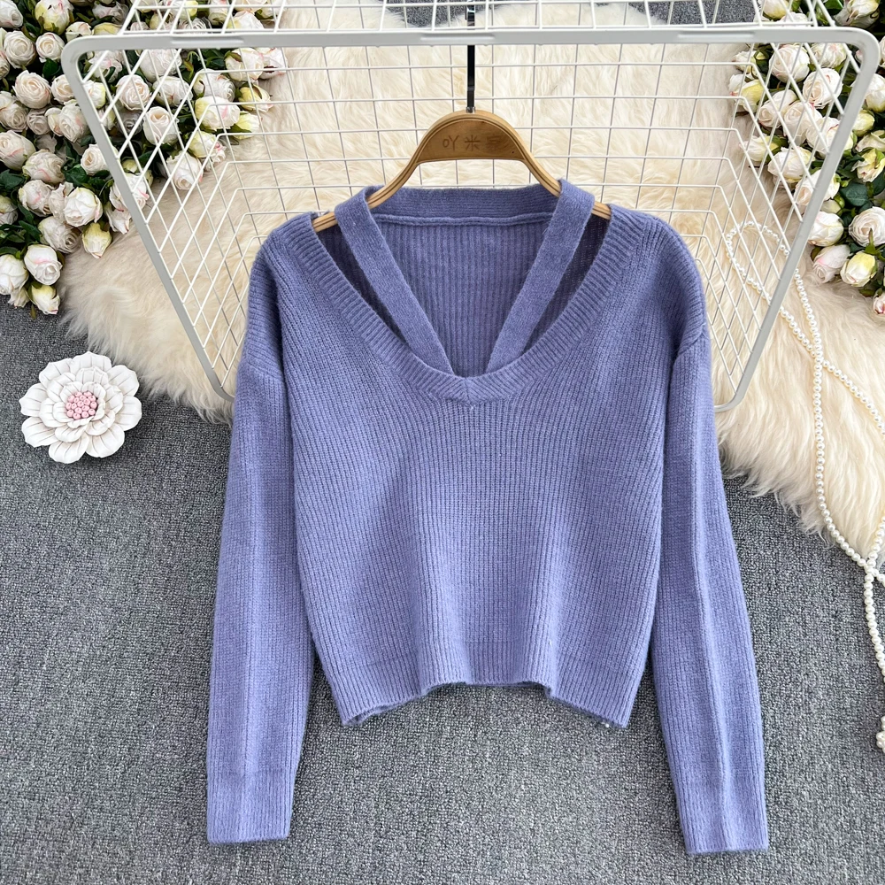 

One Word Neck Halter Sweater Women's Design Sense Niche Autumn and Winter Lazy and Careful Machine V-neck Off-shoulder Knitted B