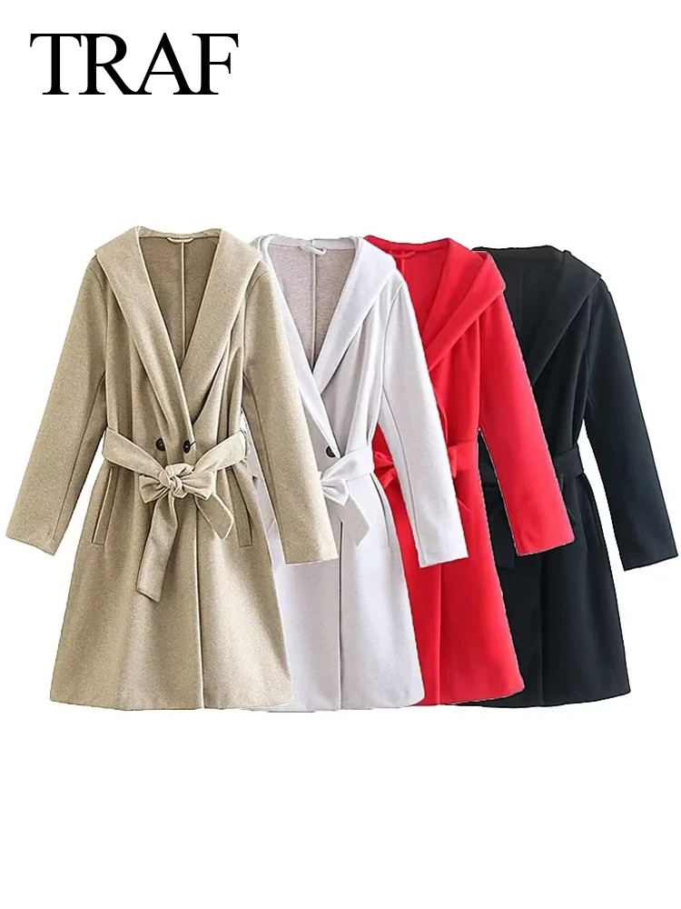 

TRAF 2022 Women's Woolen Coat Hood Button Belt Warm Tops Autumn and Winter Coat Solid Color Retro Casual Loose Jackets