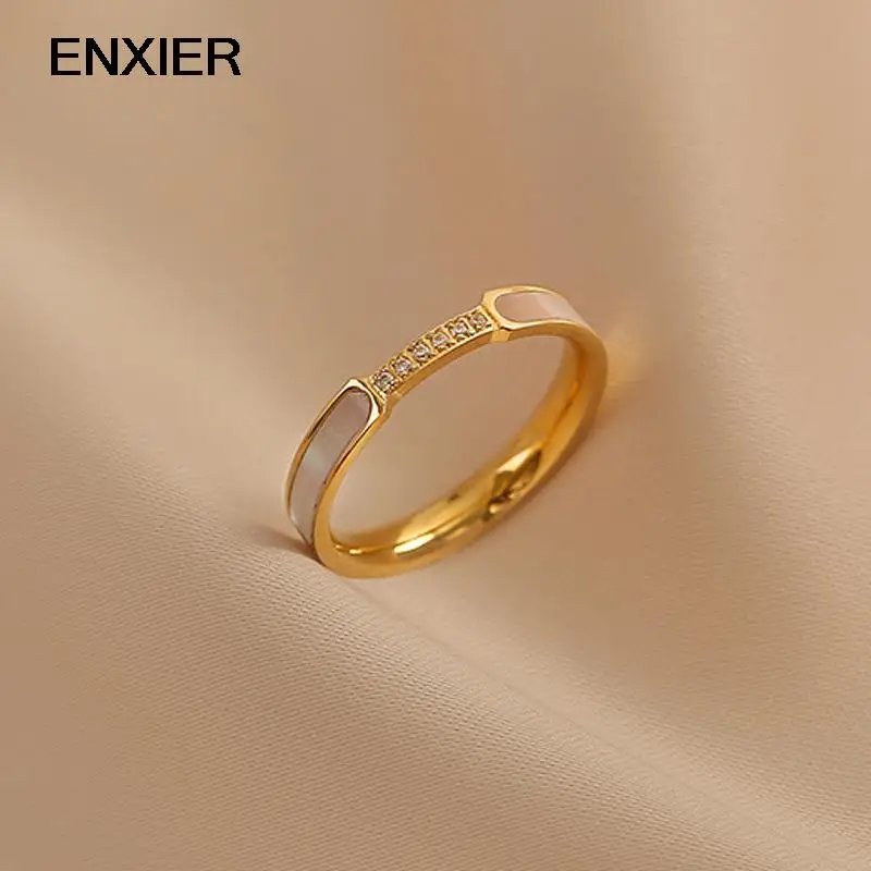 

ENXIER Fashion Gold Color 316L Stainless Steel Zircon Ring For Women Simple Index Finger Femme Ring Jewelry Wedding Gift