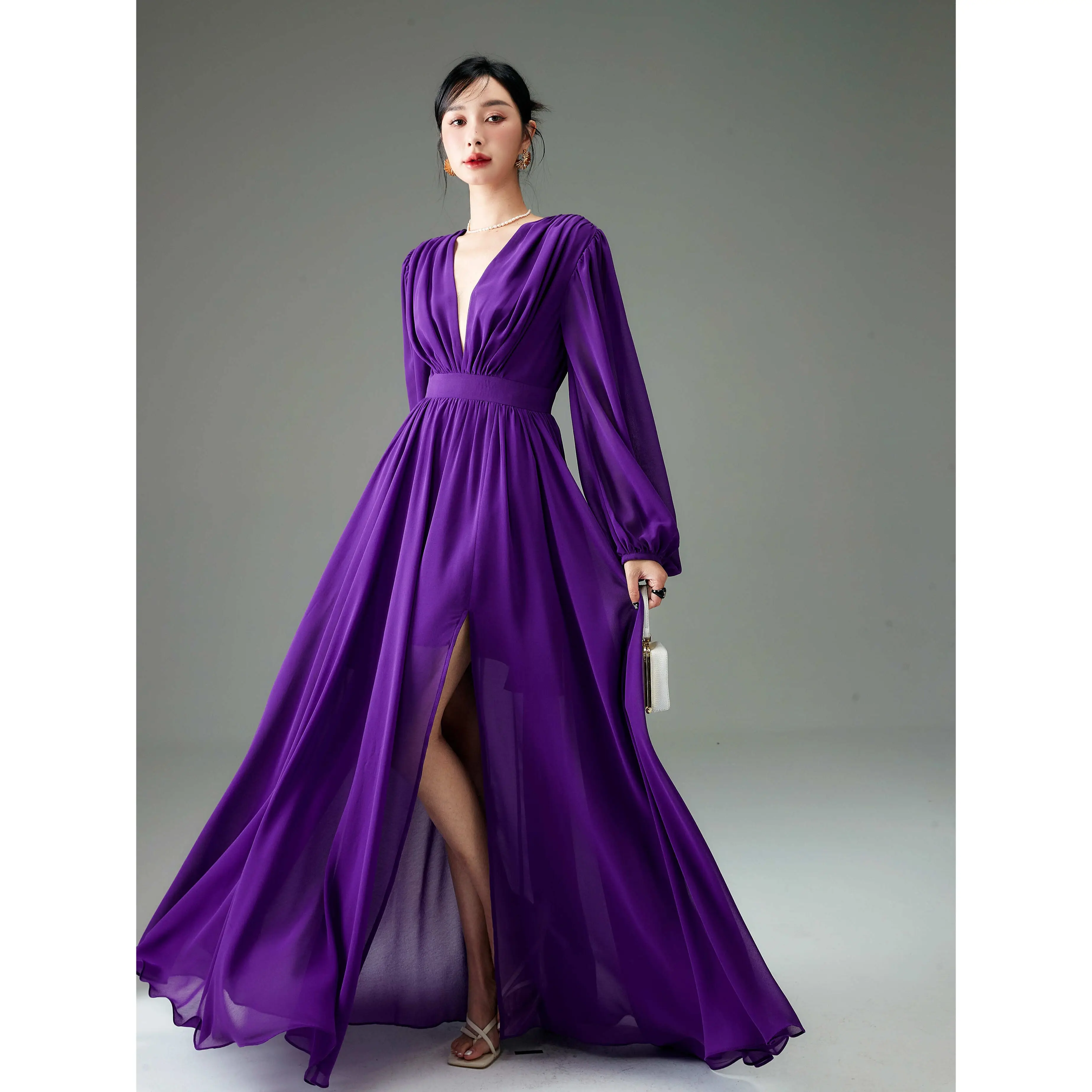 Purple V-Collar Lantern Sleeve Swing Dress Women's Summer French Retro Long Dress