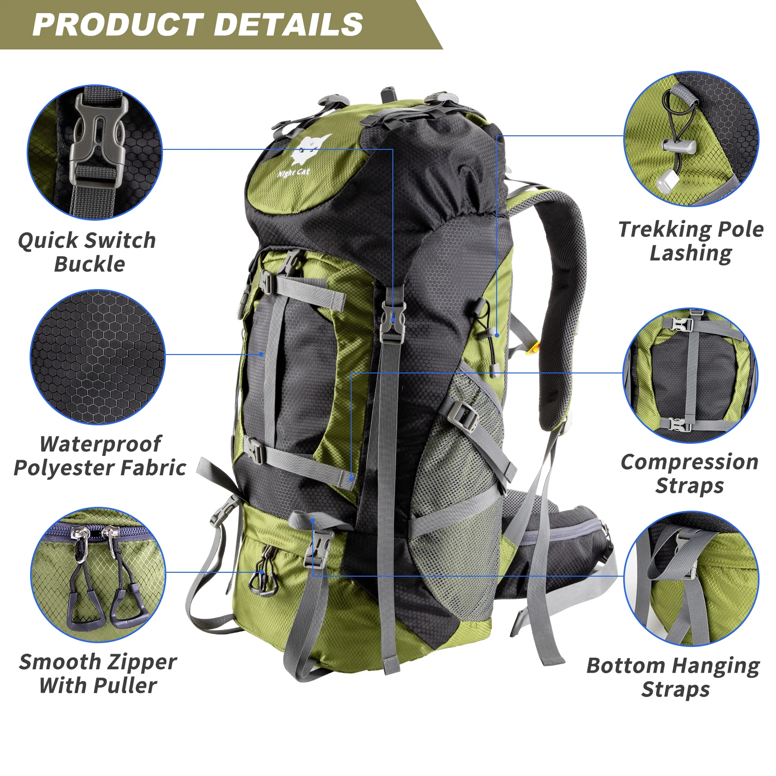 Night Cat Waterproof Camping Backpack Large Capacity Mountaineering Camping Travel Bag Hiking Backpack 70l hiking backpack