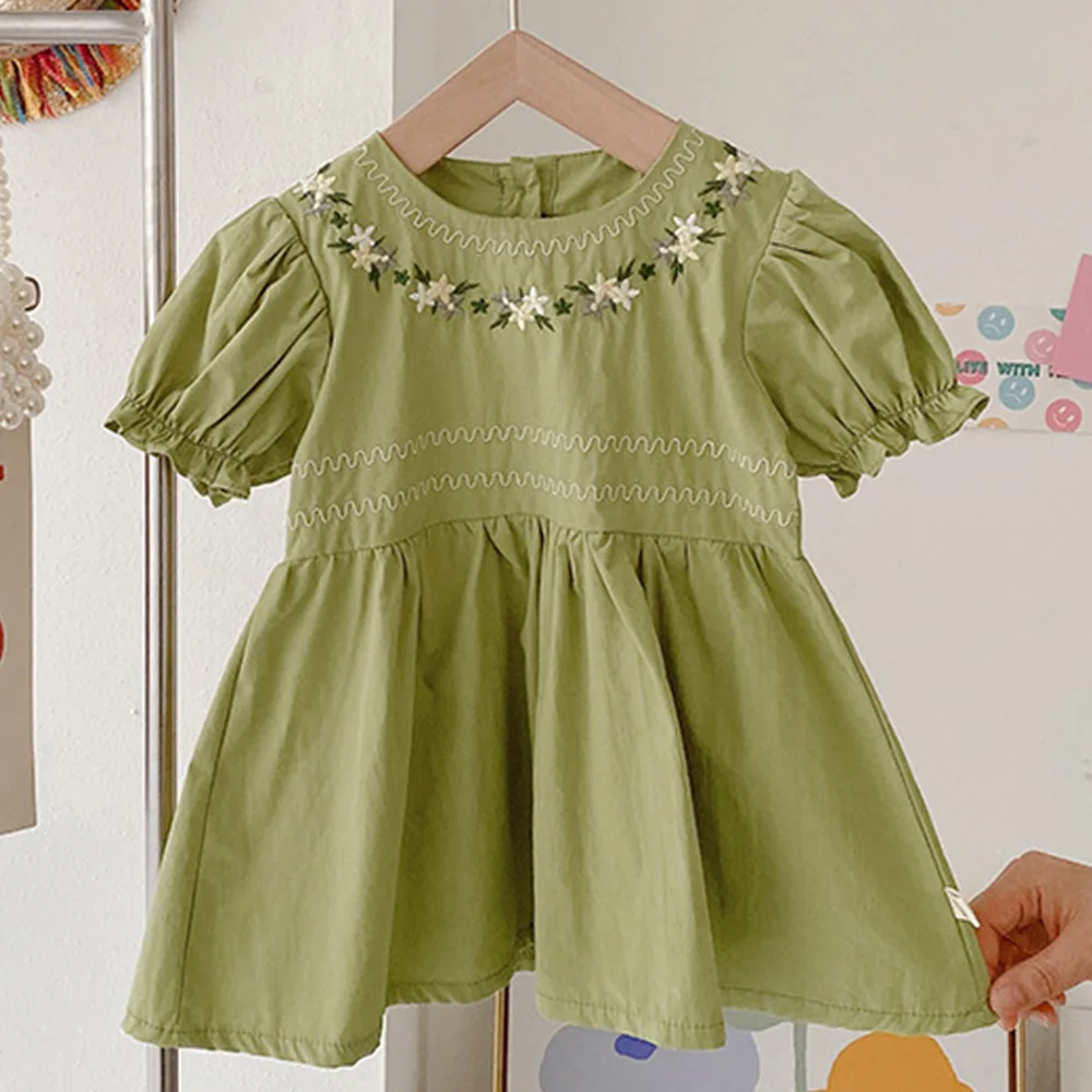 

Flower Girl Dresses Puff Sleeve Embrodiery Green Color Kids Summer Clothes New Arrival