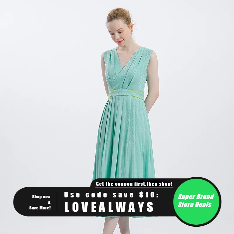 

VOA Silk Green Printed Sleeveless High Waist Women Pleated Dress Summer Korean Fashion Wrap Casual V-Neck Elegant Dresses AS0286