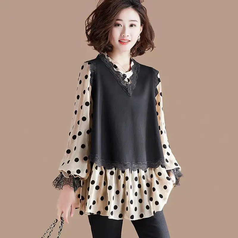 

Long Sleeve Blouse Women Blusas Mujer De Moda Polka Dot Patchwork Lace Blouse Tops Blouse Shirt Women Blouses Blusa J152