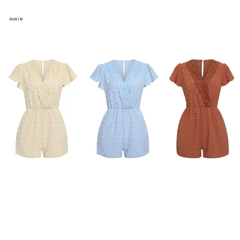 

X7YA женский комбинезон с рюшами на рукавах, шифоновый Швейцарский точечный кружевной комбинезон с V-образным вырезом и шортами