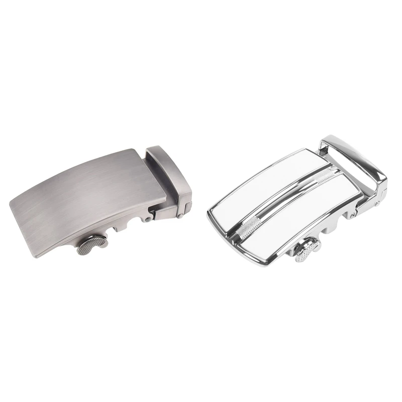 2 Pcs Men's Solid Buckle Automatic Ratchet Leather Belt Buckle, In The Middle With An Edge-Silver & Silver