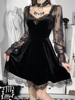 women lace patchwork long sleeve elegant a line spring party grunge black even dress sexy dark velour gothic vintage y2k dresses