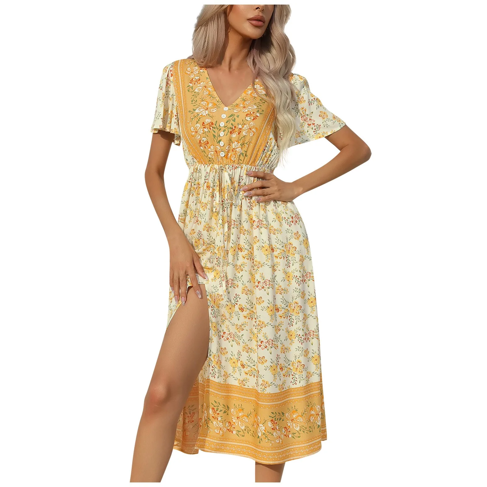 

Dresses For Women Sexy Printing V-Neck Waist Tie Up Ruffle Short Sleeve Dress Formal Dresses Clothing Woman Summer 2023 Vestidos