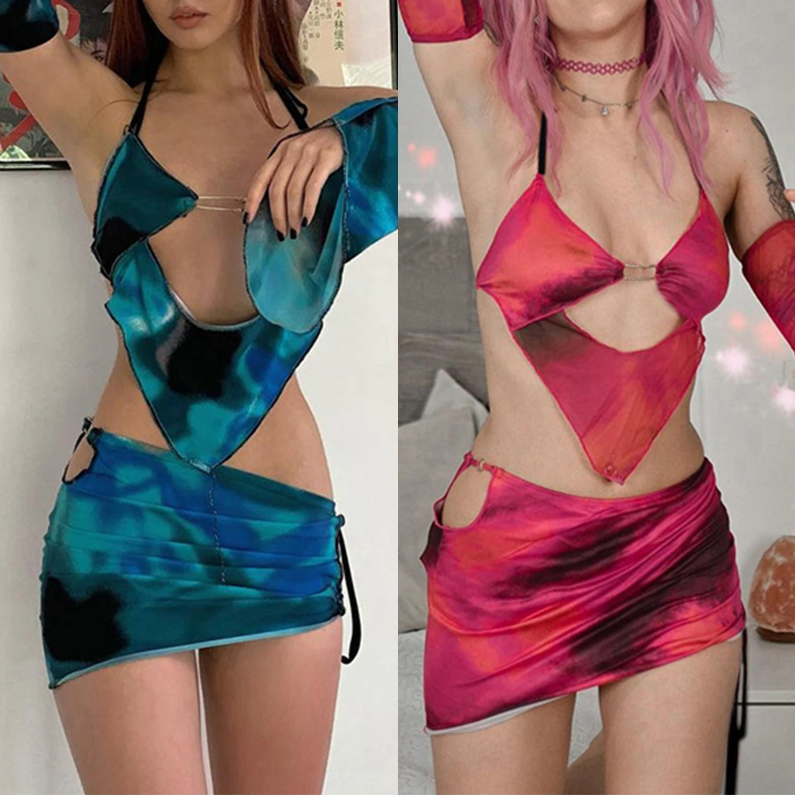 

Crew Neck Marble Print 2 Pieces Skirt Suit with Sleeves Women Halter Top Mini Skirt Set Asymmetric Y2K Style Vacation Outfit