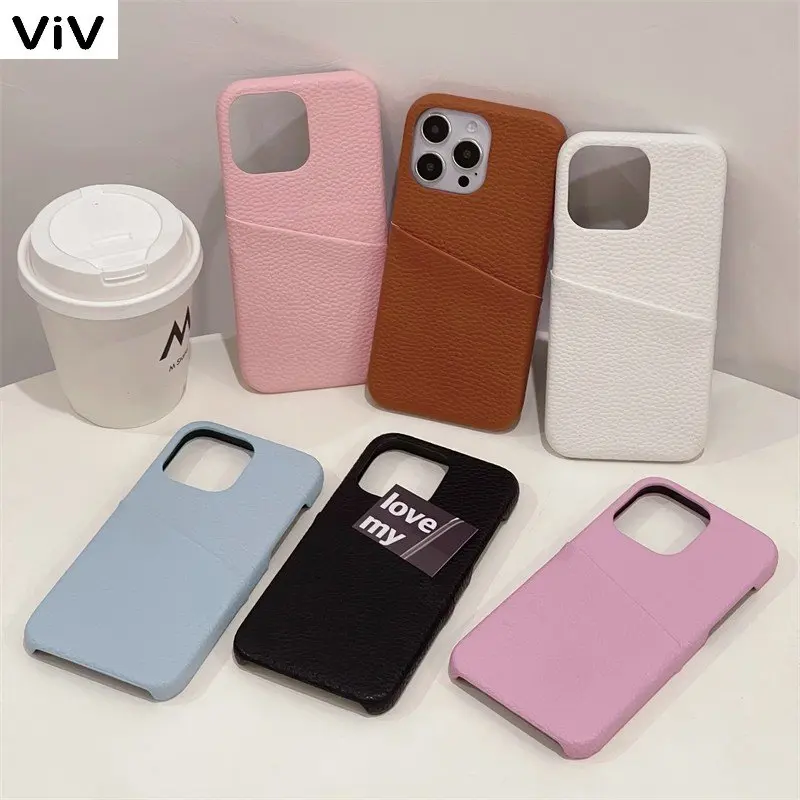 

Simple Fashion Lychee Pattern Card Bag Female Phone Cover Case For Iphone 14 13 12 Pro Max Luxury Business Leather Coque Fundas
