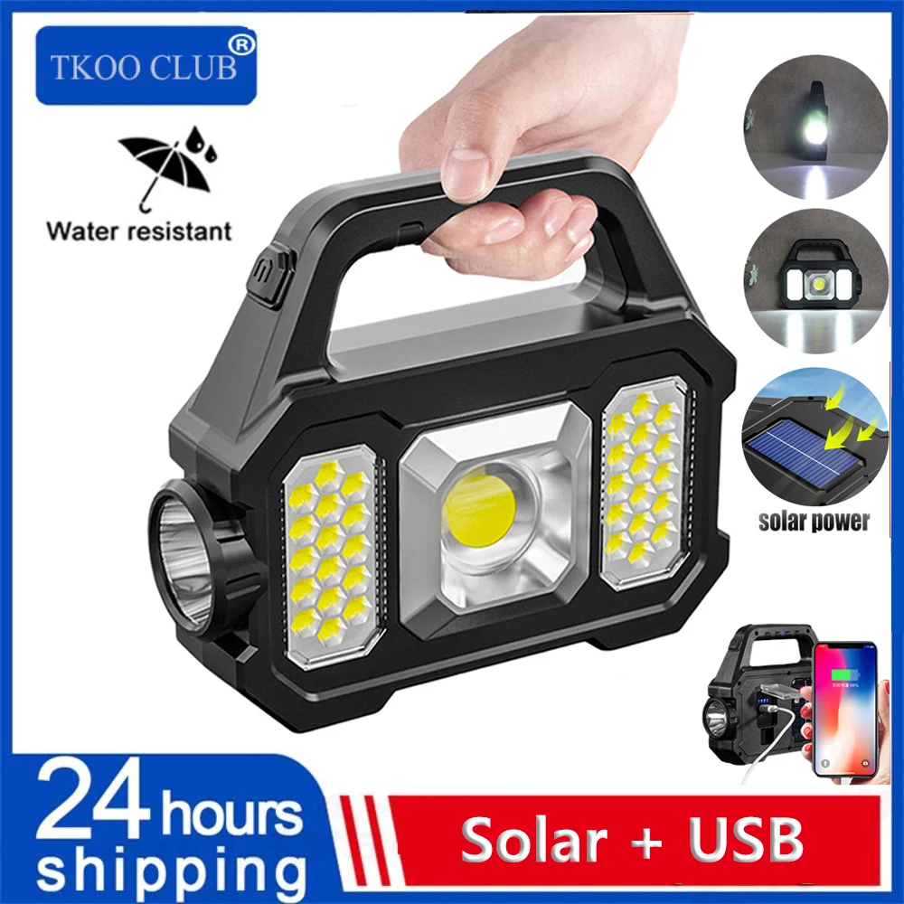 

USB Handheld Flashlight Portable Rechargeable Work Light Solar Powered LED Searchlight Torch Emergency Light Spotlight camping