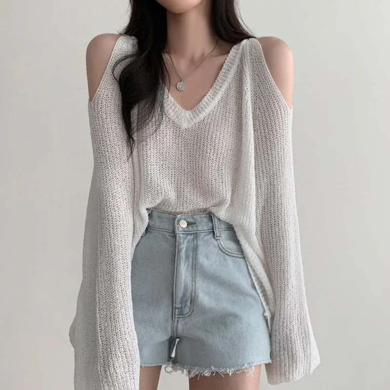 

STSVZORR Korean Summer Women's Elegant V-neck Off Shoulder Loose Versatile Casual Solid Sun Protection Knit Top