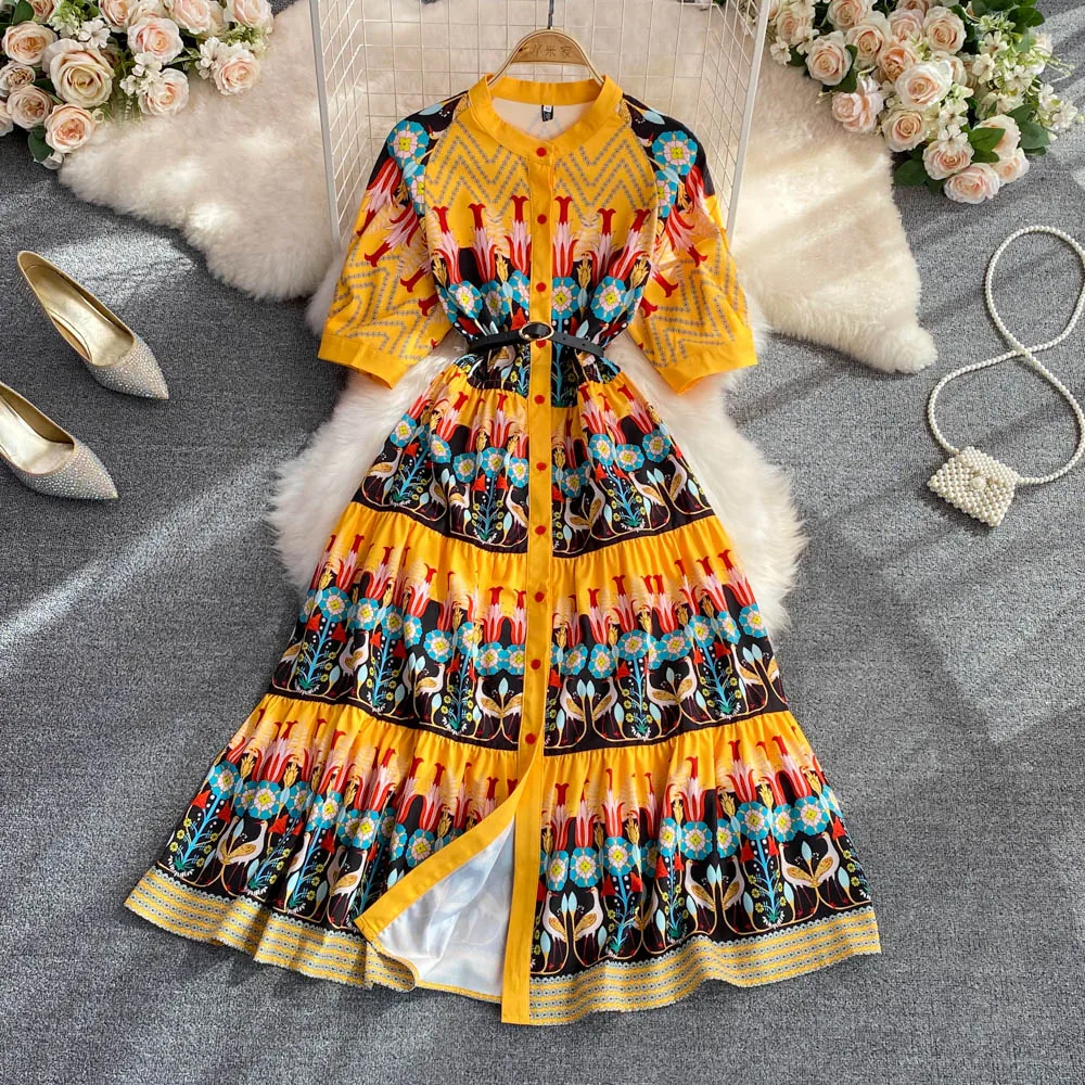 

Round Neck Single-breasted Waist Slimming Printed A-line Dress Elegant Seaside Holiday Long Dress