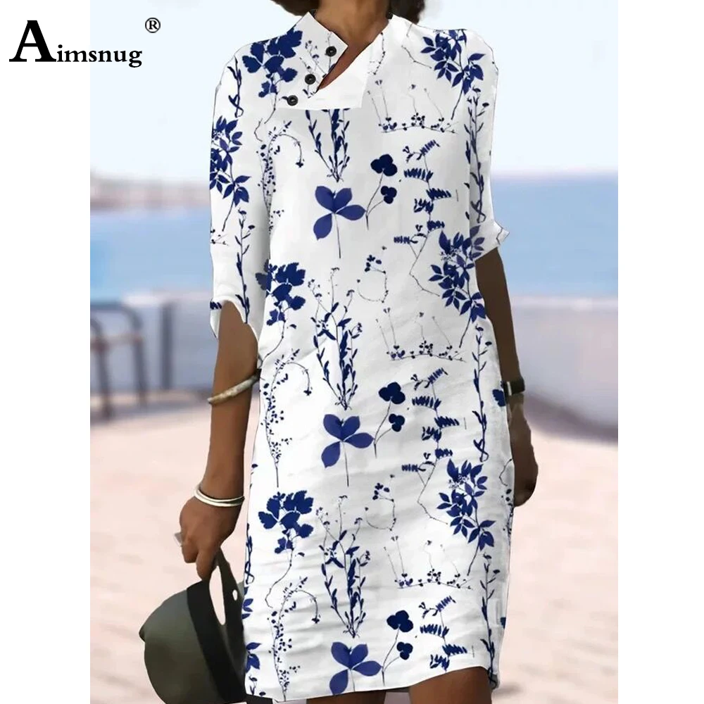 

Aimsnug 2023 Women's Mid-Calf Dress Plus Size Women Half Sleeve Boho Flower Print Dresses Ladies Casual Mock Neck Beach Dress