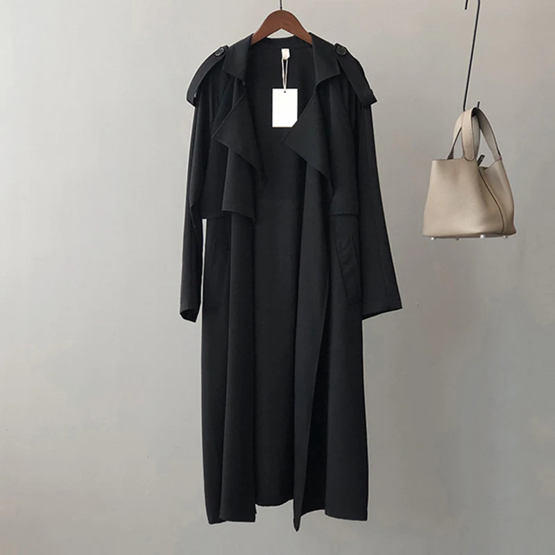 Женская Длинная ветровка с отложным воротником однотонная свободная офисная