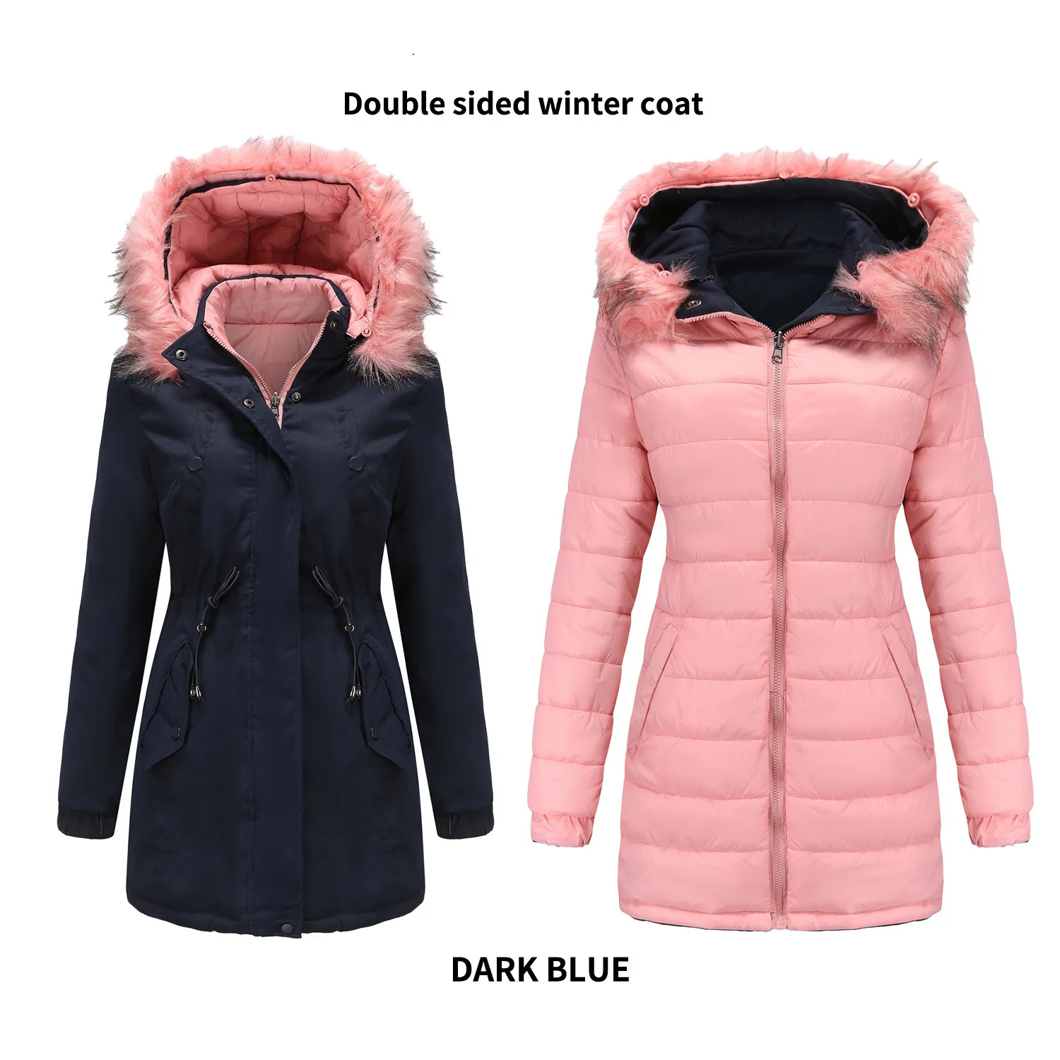Double-sided Wear Winter Coat Women's Parka Coat Detachable Plush Pluffy Collar Hat Hooded Warm Quilted Coat Jacket Outerwear