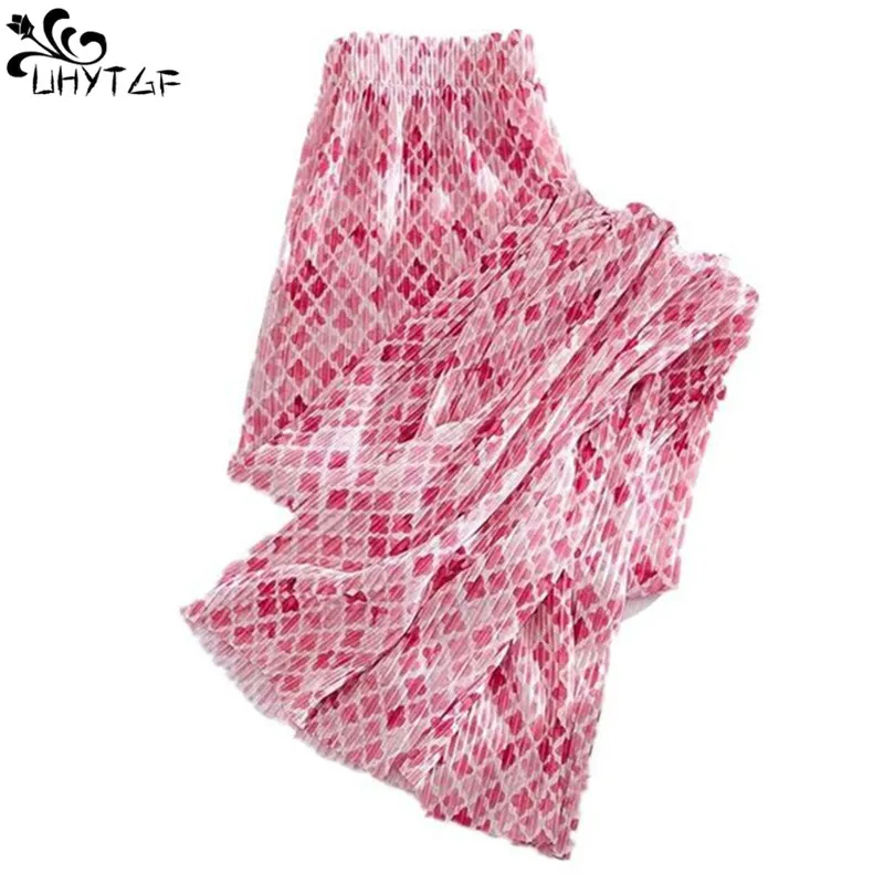 

UHYTGF ледяные Шелковые Широкие брюки женские летние новые тонкие стильные модные прямые свободные повседневные женские крутые брюки с высокой талией со складками S352