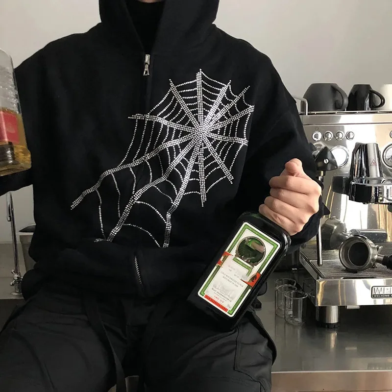 

Y2K Gothic Rhinstone Zipper Up Hoodies Women Spider Web Harajuku Punk Hooded Oversized Sweatshirt Autumn Streetwear Jacket