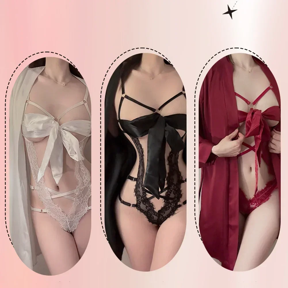 Kobiety seksowne body z kokardką porno bez krocza puste bielizna otwarty biustonosz koronkowa przezroczysta erotyczna nocna