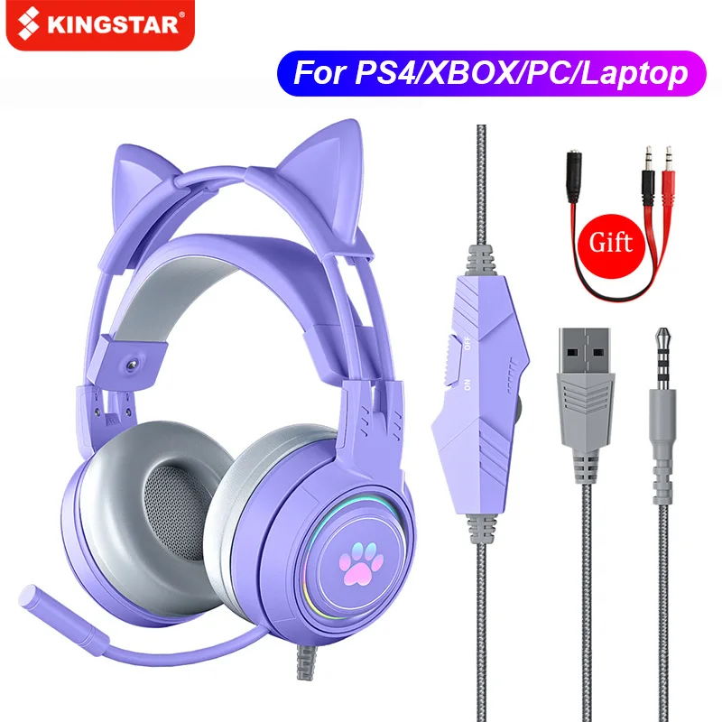 

KINGSTAR Cat Ear Gaming Headset 3.5mm Wired Earphone Stereo Gamer Headphones With Microphone RGB Light For PS4/5 XBOX PC Laptop