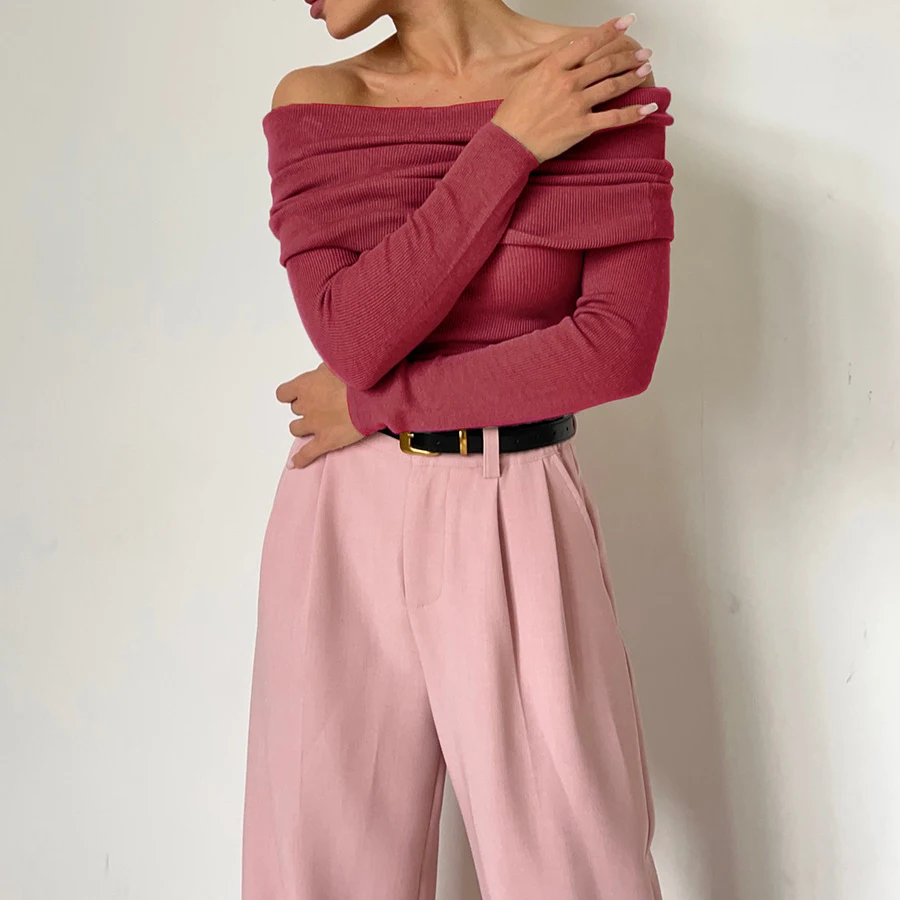 Женская футболка с открытыми плечами эластичный облегающий пуловер длинным