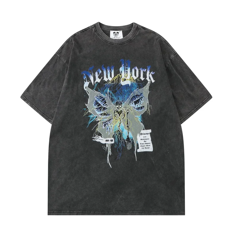 

Hip Hop Casual Butterfly Men T-shirt High Street Short Sleeve Washed Old Retro T-Shirt Dark Half Sleeve Men's Clothing y2k Tops