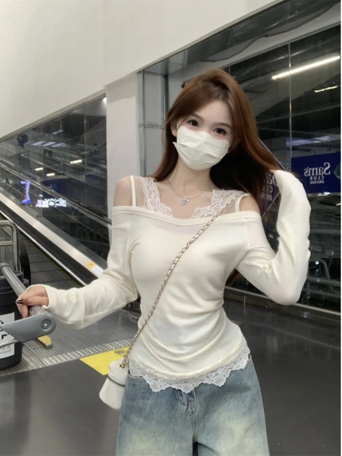 Плюс размер Chubby Girl Pure Desire Sle Кружевная строчка Шлифовка Рубашка с длинными