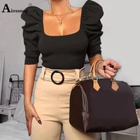 plus size 3xl women puff sleeve t shirt female square collar crop tops streetwear 2022 european style fashion knitted pullovers
