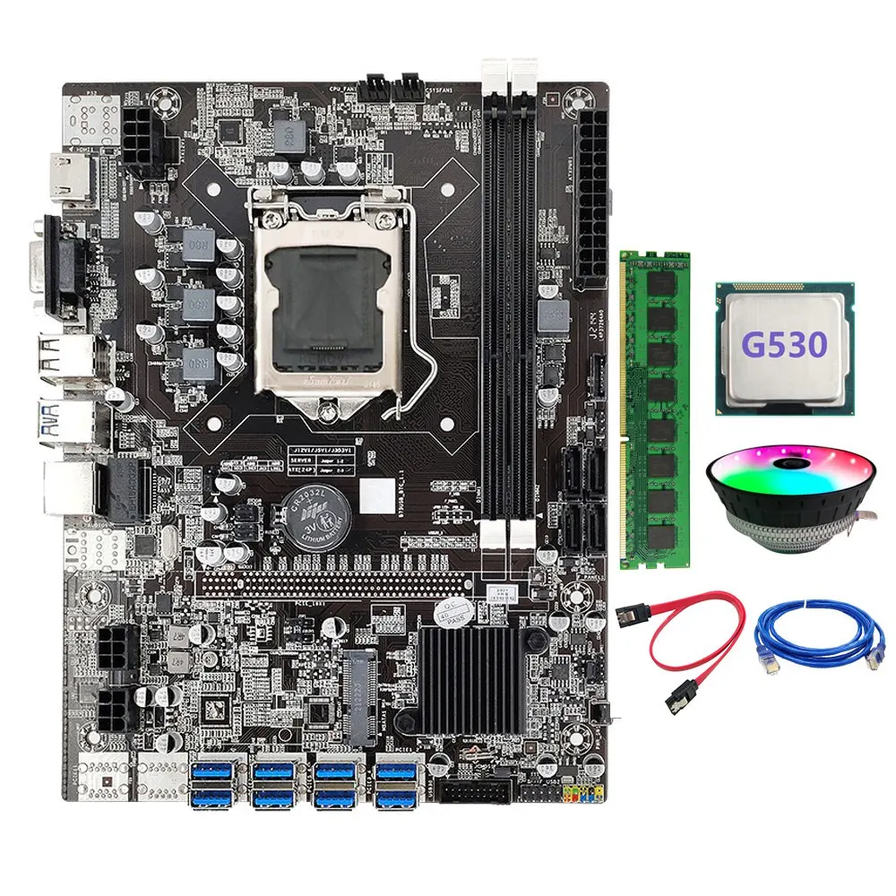 

Материнская плата B75 ETH 8XPCIE к USB LGA1155 DDR3 4 Гб 1600 МГц + охлаждающий вентилятор + сетевой кабель RJ45 + Майнер G530 CPU BTC