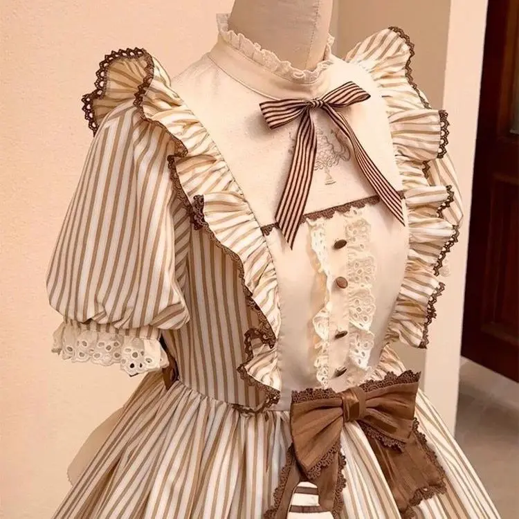 Фото Платье MAGOGO Lolita Daily Flower для женщин: милое, с бантом, в полоску, с короткими пышными рукавами, для вечеринок, в стиле принцессы №4