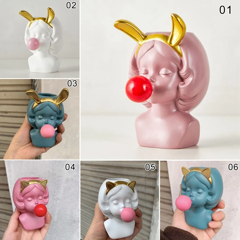 

Nordic Style Resin Vase Cute Cartoon Girl Blowing Bubbles Decorative Head Carving Flower Vases Modern Statue Home Decoration