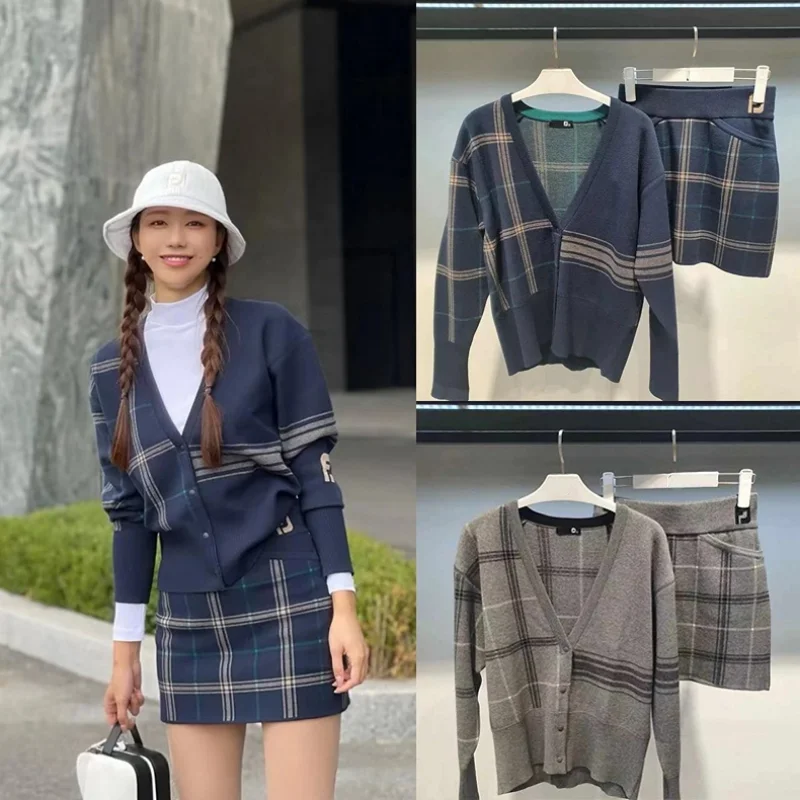 Autumn and Winter Golf Clothing Korean Women's Knitted Sweater Coat Preppy Style Plaid Cardigan Ladies Knit Skirt Shorts Skort