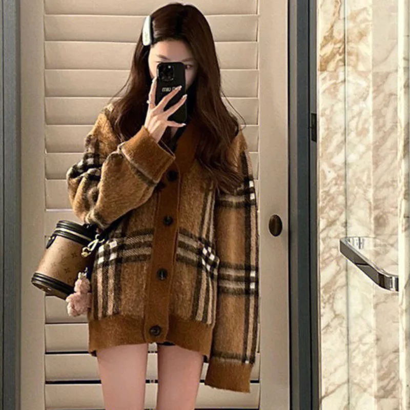 

YICIYA Lattice pattern Cardigan Womens Clothing Knitwears y2k style vintage Winter sweaters for women Plaid Knit Cardigans Coats