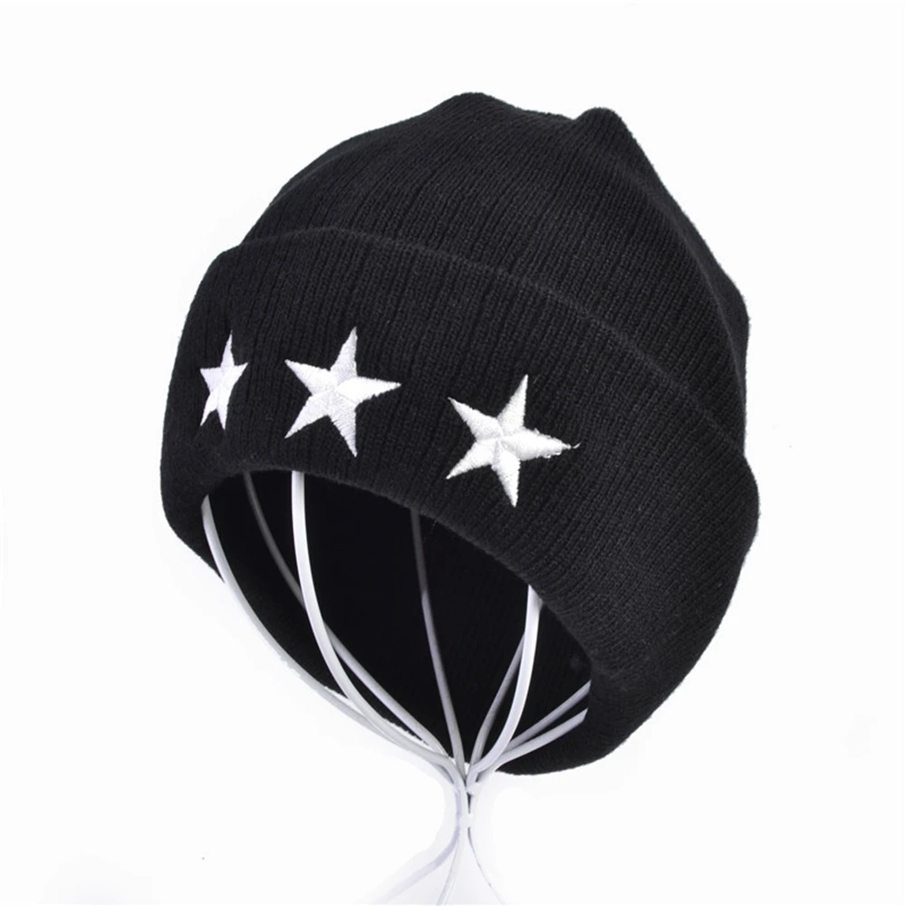

Black Winter Warm Hat Embroidery Star Adult Unsix Beanie Female Wool Knitted Elastic Hats