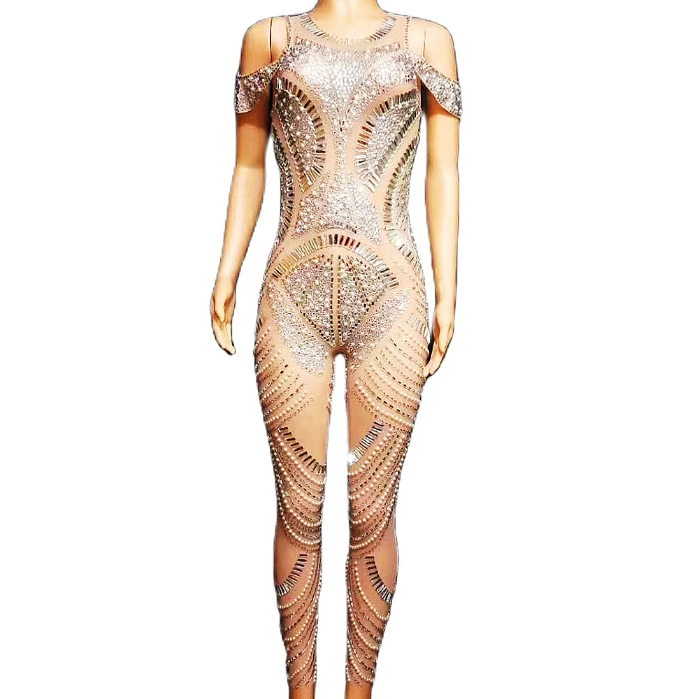 

Nude Shining Crystal Rhinestones Pearls Sexy Women Jumpsuits Nightclub DJ Clothing Prom Pole Dance Stage Singer Costumes