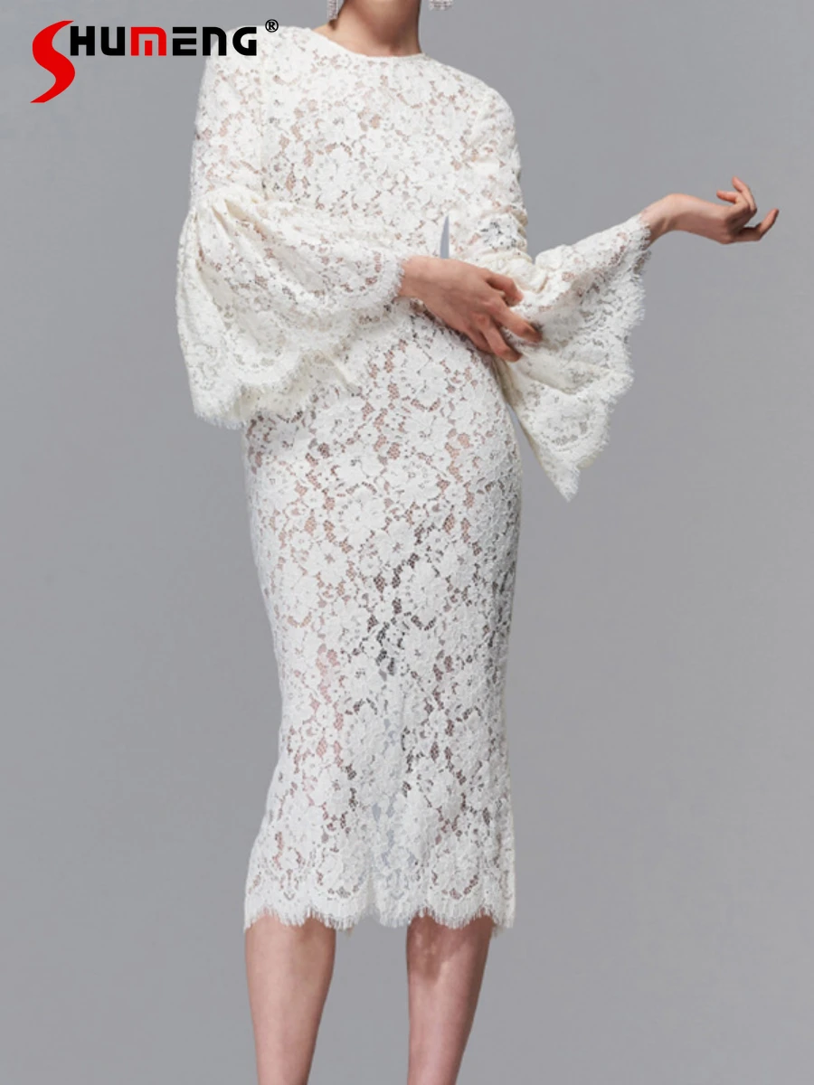 Ladies High Waist Long Dress Elegant Hollow-out Lace Bell-Bottom Long Sleeve White Maxi Dress 2022 Autumn New Women Clothing