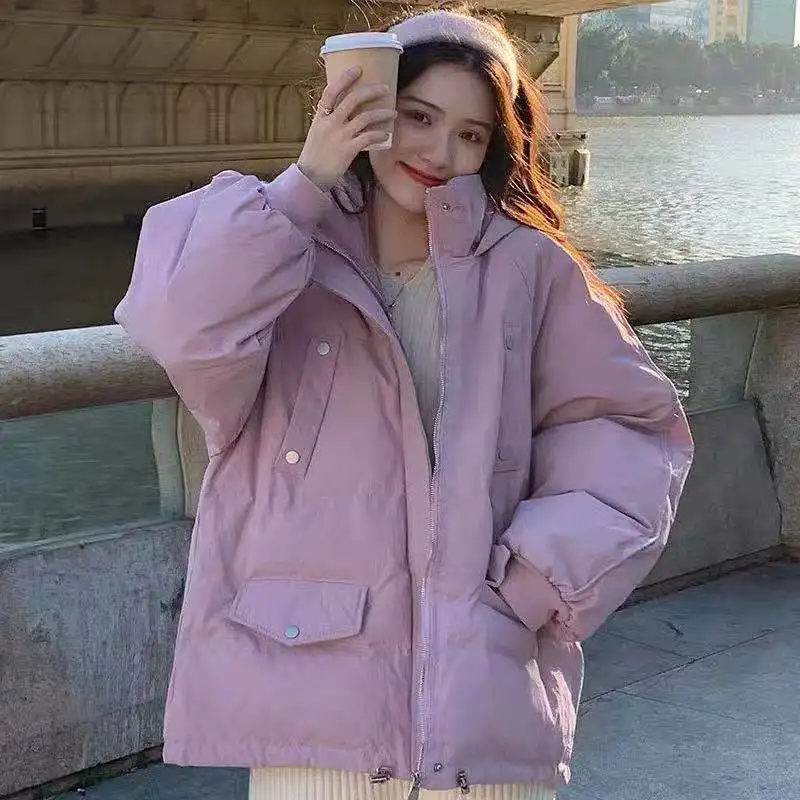 2021 Winter Puffer Coat Drawstring Tighten Short Harajuku Jacket Solid Color Loose Hooded Parka Oversized Abrigos mujer Invierno