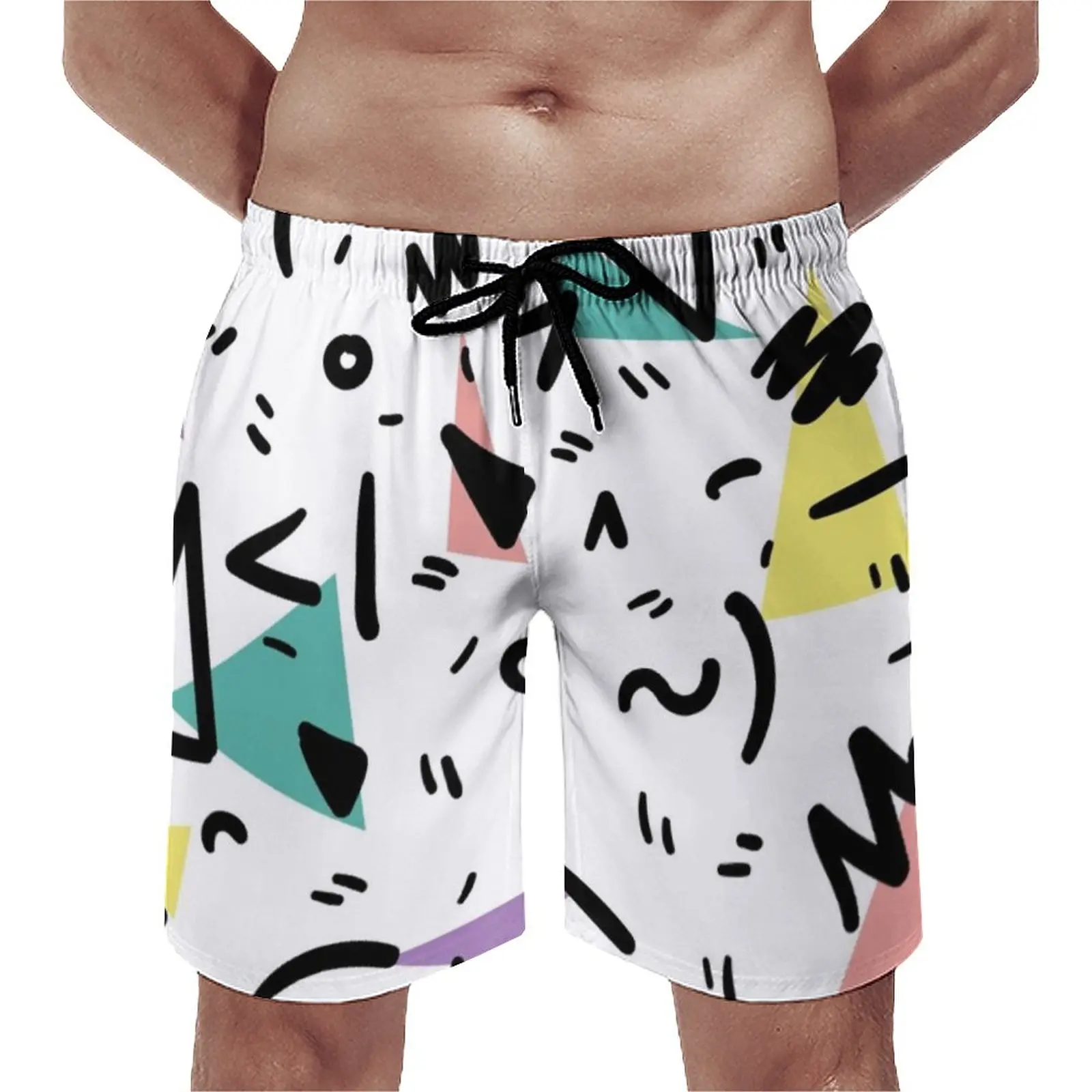 

With Style Memphis Board Shorts Retro Geometric Casual Beach Shorts Males Printed Running Surf Quick Dry Beach Trunks Gift Idea