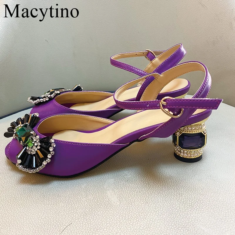

Summer New Purple Buckle Fishmouth Sandals Rhinestone Glass With 6CM Middle Heel Women's Shoes Joker Sandals